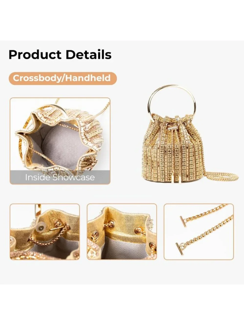 Embellished Bucket Bag with Ring Handle, Multicolor Rhinestones & Gold Chain